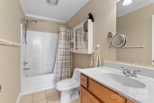 bathroom with toilet, shower / tub combo, visible vents, tile patterned floors, and crown molding