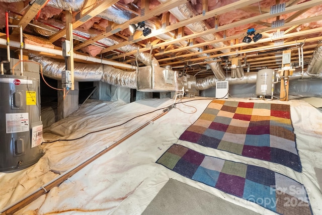 interior space with crawl space and electric water heater