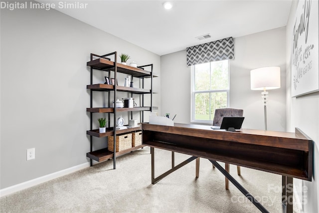 office area featuring light colored carpet