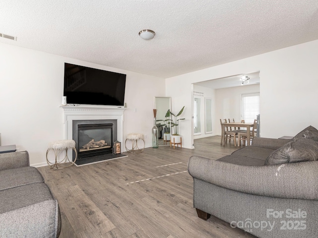 living room with hardwood / wood-style flooring and a textured ceiling