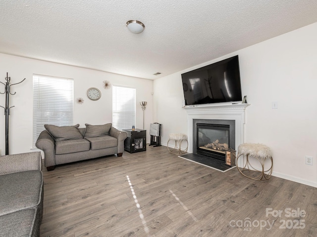 living room with hardwood / wood-style floors and a textured ceiling