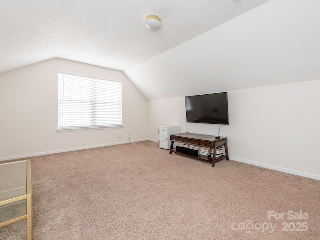 additional living space featuring carpet flooring, vaulted ceiling, and a textured ceiling