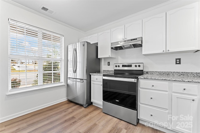 kitchen with white cabinetry, stainless steel appliances, crown molding, and light hardwood / wood-style flooring