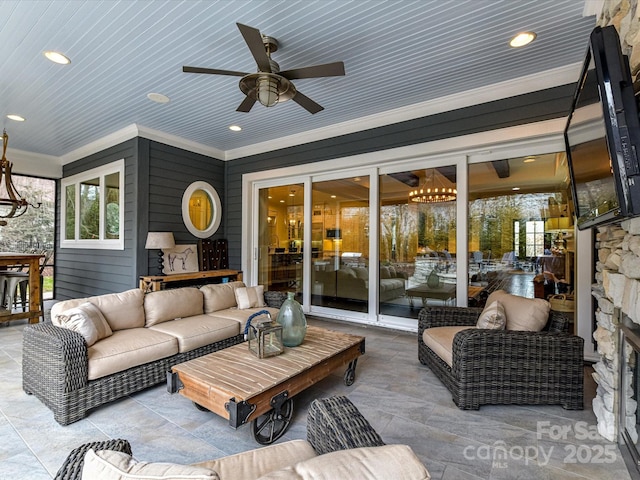 view of patio / terrace featuring ceiling fan and an outdoor hangout area