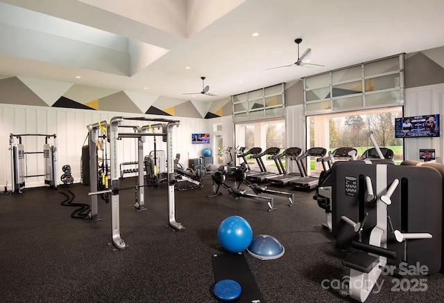 exercise room with ceiling fan