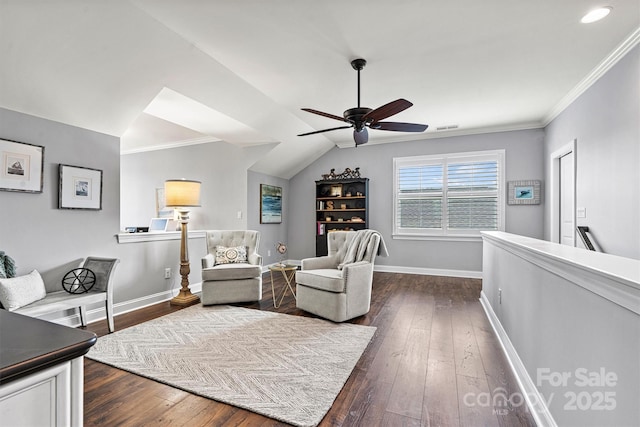 interior space with dark hardwood / wood-style flooring, crown molding, lofted ceiling, and ceiling fan