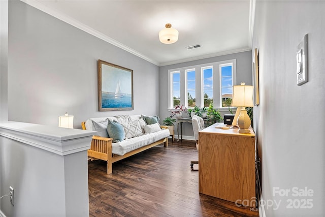 interior space featuring dark hardwood / wood-style flooring and crown molding