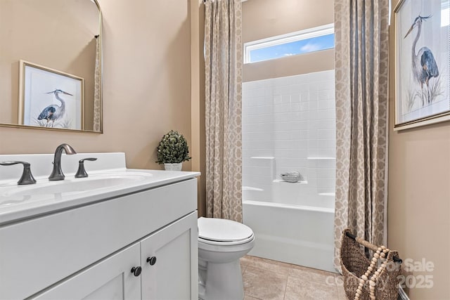 full bathroom with shower / bath combo, vanity, tile patterned floors, and toilet