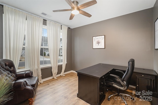 home office with ceiling fan and light wood-type flooring