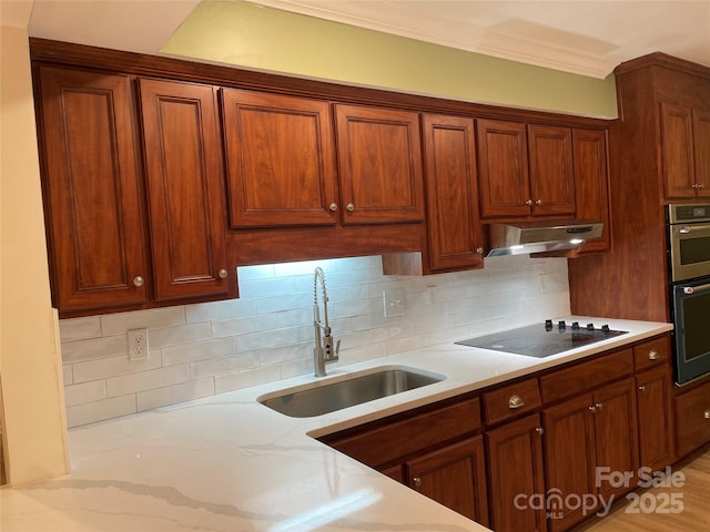 kitchen with sink, tasteful backsplash, black electric stovetop, ornamental molding, and stainless steel double oven