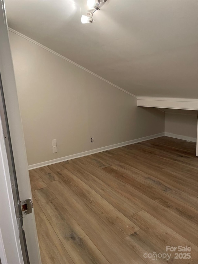 additional living space featuring wood-type flooring and vaulted ceiling