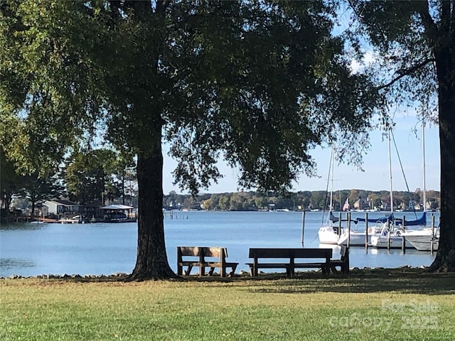 dock area with a yard and a water view