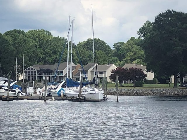 water view with a residential view and a boat dock