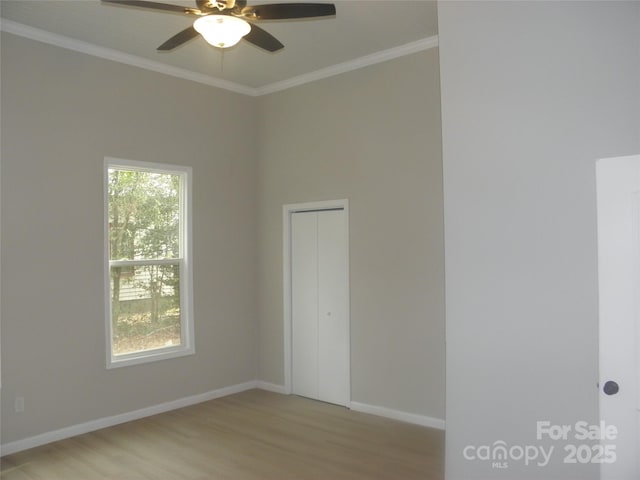 spare room with crown molding, light hardwood / wood-style floors, and ceiling fan