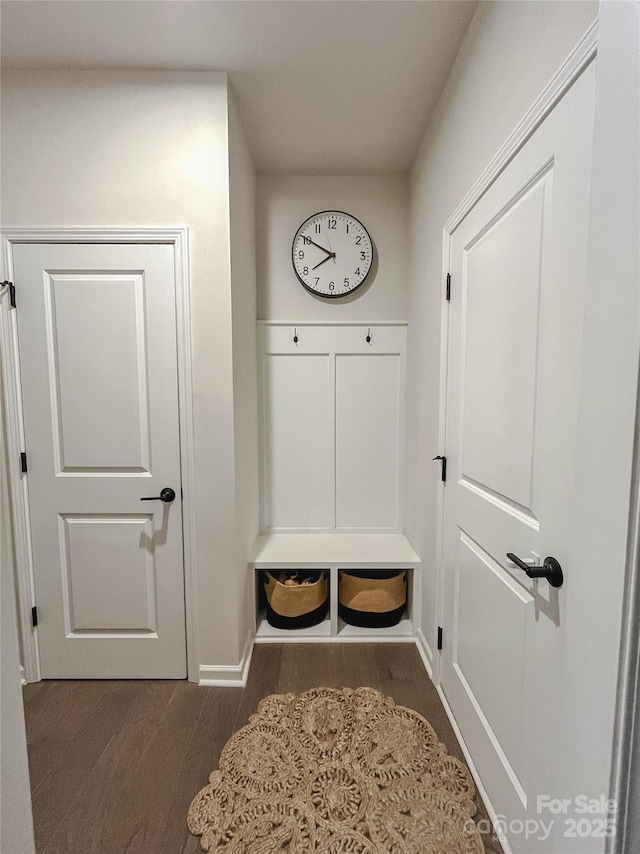 mudroom featuring dark wood-type flooring