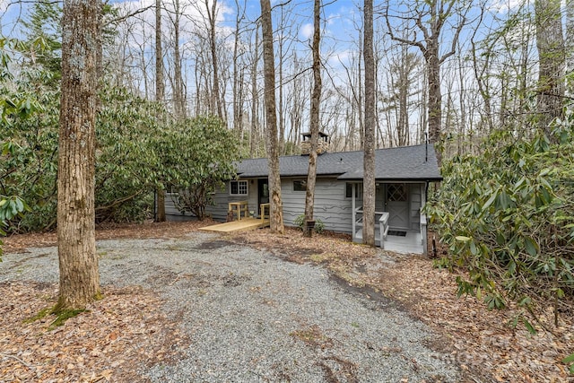 view of front of house featuring roof with shingles and gravel driveway