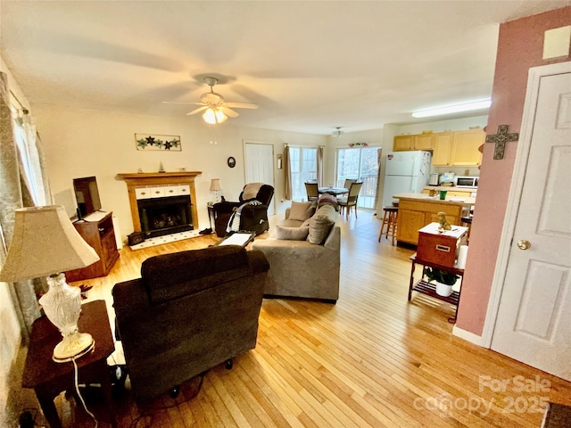 living room featuring light hardwood / wood-style floors and ceiling fan