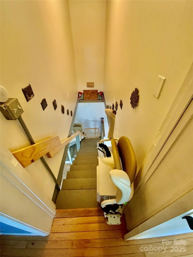 stairs featuring wood-type flooring