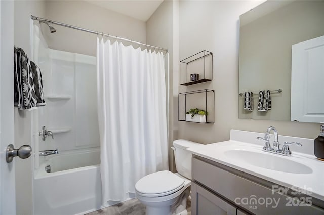 full bathroom with vanity, toilet, and shower / bathtub combination with curtain