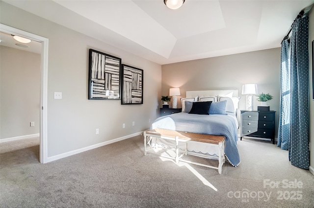 bedroom with carpet and a tray ceiling