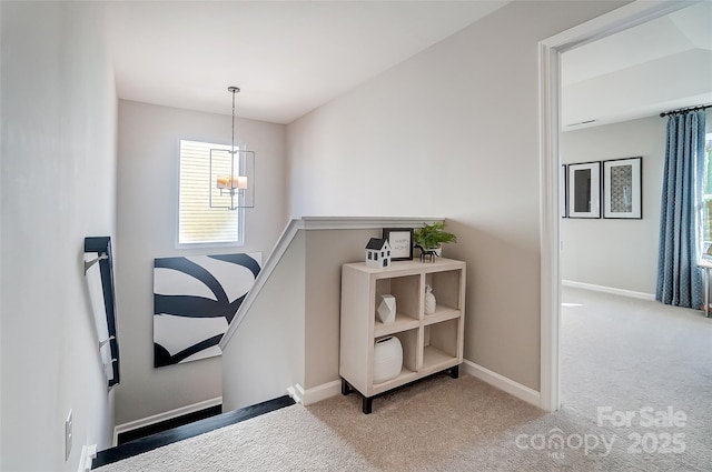 128 Shay Crossing Rd, Salisbury, NC 28146 - staircase with a chandelier, carpet flooring, and baseboards