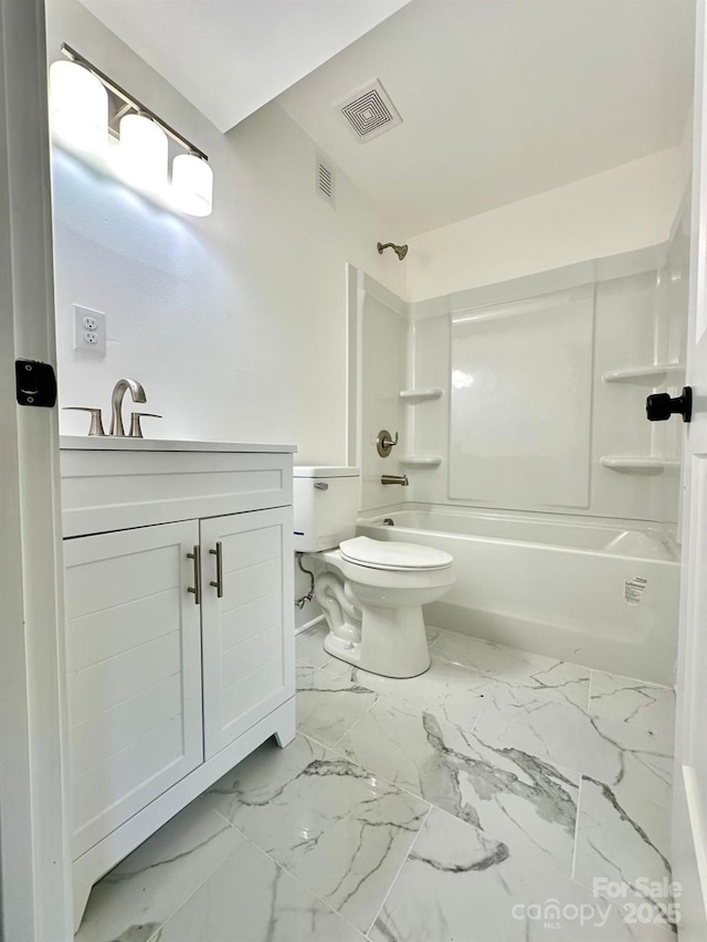 full bathroom with vanity, toilet, and bathing tub / shower combination