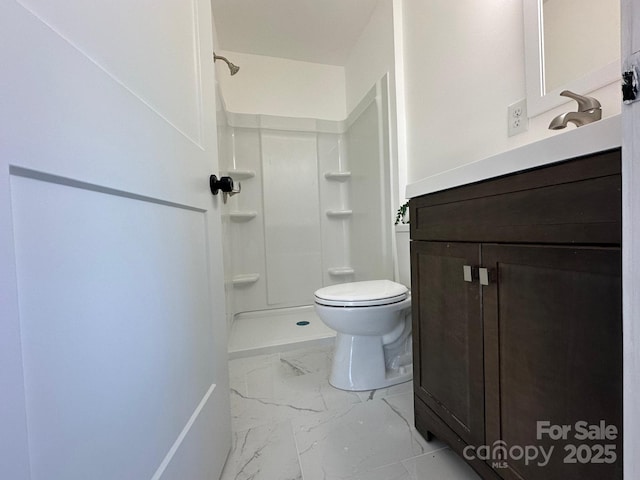 bathroom with vanity, toilet, and walk in shower