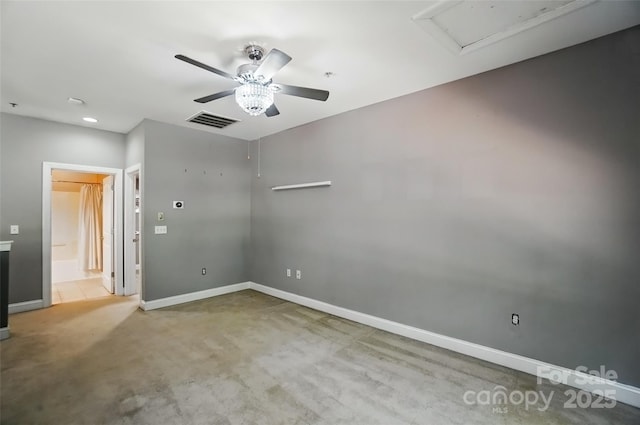 128 Steinbeck Way Unit E, Mooresville, NC 28117 - empty room featuring attic access, a ceiling fan, visible vents, baseboards, and carpet flooring