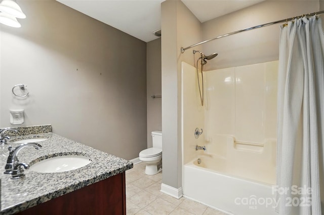 128 Steinbeck Way Unit E, Mooresville, NC 28117 - bathroom with vanity, shower / tub combo with curtain, toilet, baseboards, and tile patterned floors