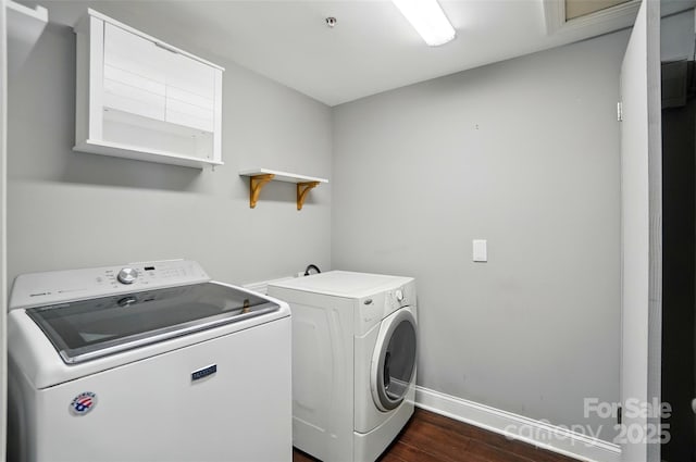 128 Steinbeck Way Unit E, Mooresville, NC 28117 - laundry area with baseboards, laundry area, washing machine and dryer, and dark wood-style flooring