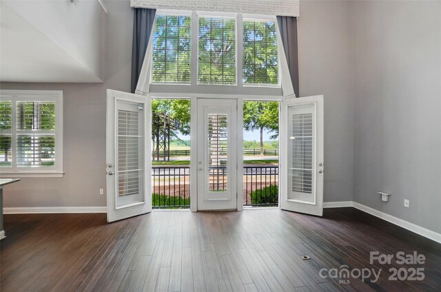 128 Steinbeck Way Unit E, Mooresville, NC 28117 - doorway with baseboards, dark wood-style flooring, and a towering ceiling