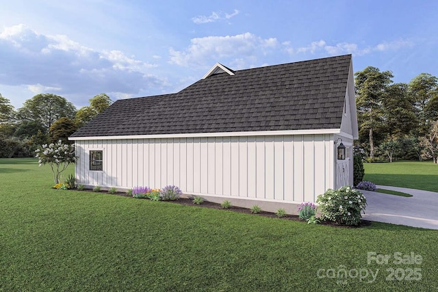 view of home's exterior with a yard, a shingled roof, and board and batten siding