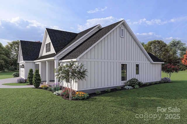 view of side of home featuring a garage, a shingled roof, a lawn, concrete driveway, and board and batten siding