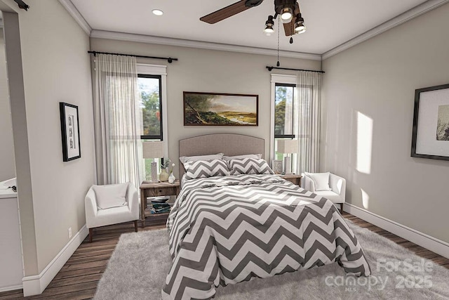 bedroom with baseboards, ornamental molding, and wood finished floors