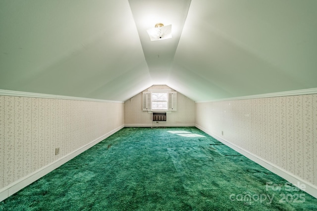 additional living space featuring lofted ceiling and carpet floors