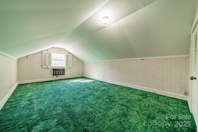 531 Elm St, Salisbury, NC 28144 - bonus room with vaulted ceiling, carpet flooring, baseboards, wallpapered walls, and heating unit