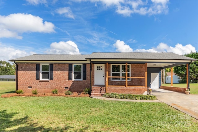 single story home with a carport and a front lawn