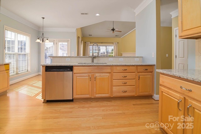 kitchen with sink, stainless steel dishwasher, ornamental molding, light stone countertops, and light hardwood / wood-style floors