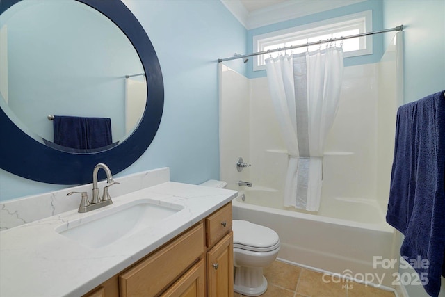 full bathroom with tile patterned flooring, shower / bath combo, vanity, and toilet