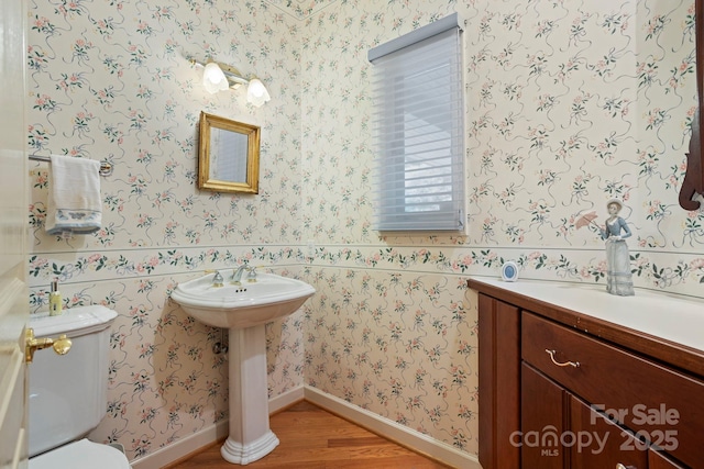 bathroom with hardwood / wood-style flooring, toilet, and sink