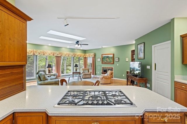 kitchen with ceiling fan, a skylight, stainless steel gas stovetop, and track lighting