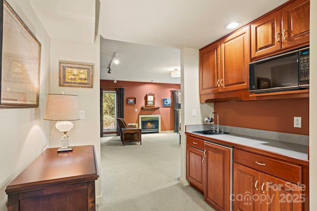 kitchen featuring rail lighting, sink, and light carpet