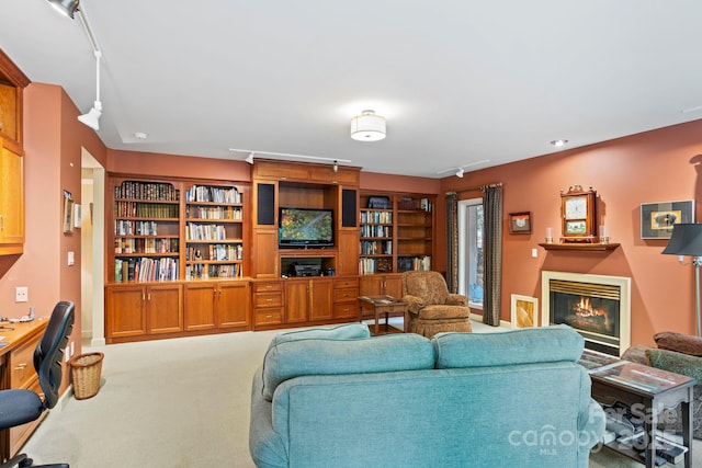 carpeted living room with track lighting