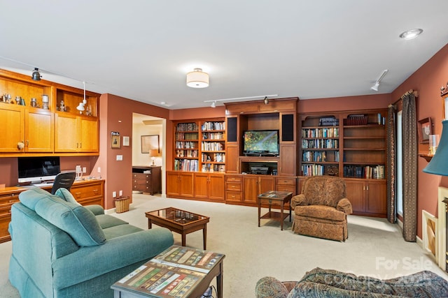 carpeted living room featuring built in desk and rail lighting