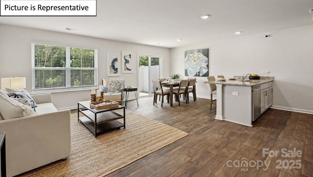 living room with dark hardwood / wood-style floors and sink