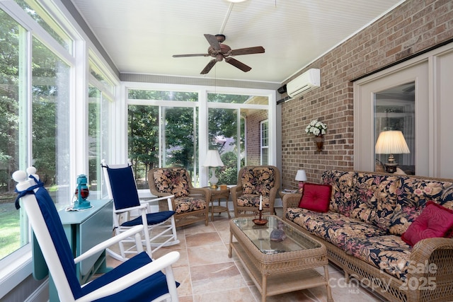 sunroom / solarium featuring ceiling fan, a healthy amount of sunlight, and an AC wall unit