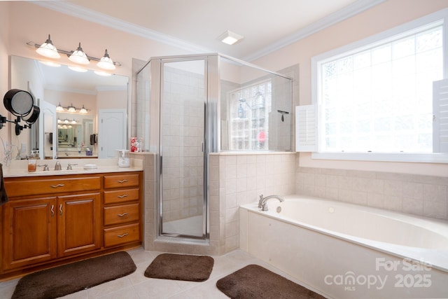 bathroom with crown molding, tile patterned floors, vanity, and independent shower and bath