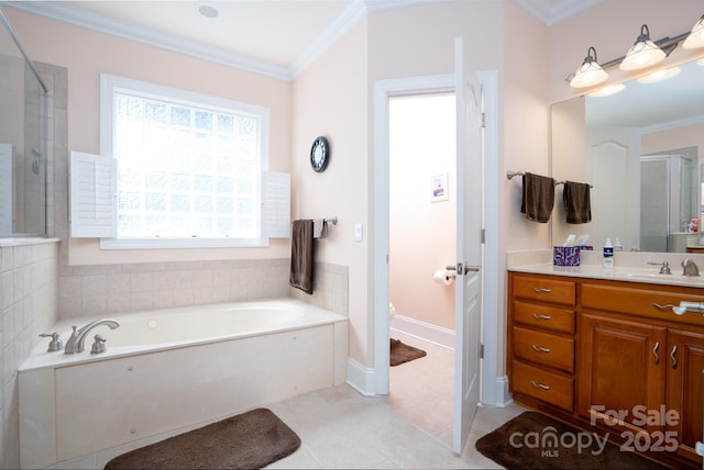 full bathroom featuring toilet, crown molding, vanity, plus walk in shower, and tile patterned flooring