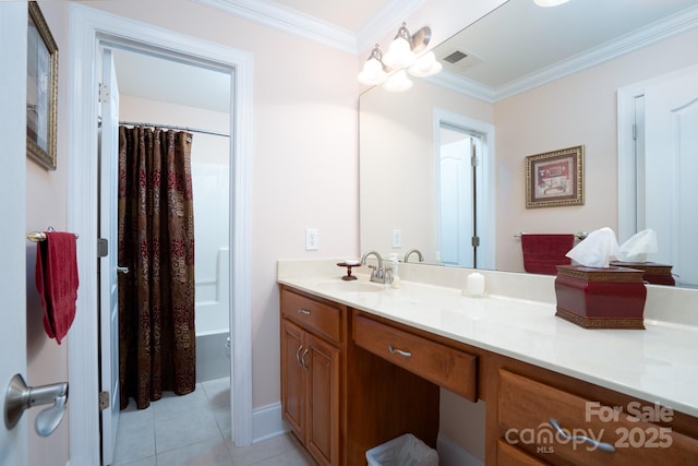 bathroom with tile patterned floors, ornamental molding, vanity, and shower / bath combo