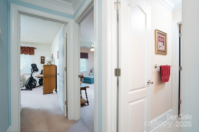 hallway with ornamental molding and light colored carpet